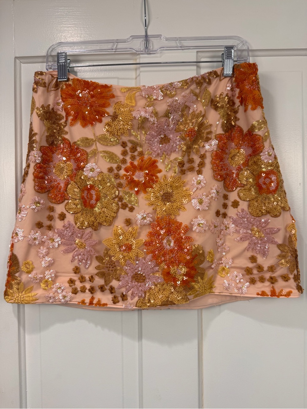Guess Pink Floral Sequin Mini Skirt with Gold & Orange Embroidery